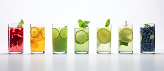 Various flavors of matcha lemonades including green blue and red varieties are beautifully presented on a white background with ample space for additional elements or text in the image
