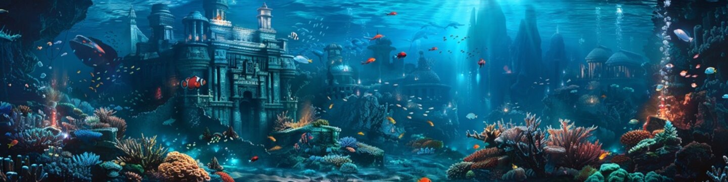 Illustrate an underwater city built within a vibrant coral reef, home to merfolk and other aquatic beings game art