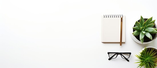 The top view shows a stylish stationery setup with office tools and working supplies on a white textured background It includes a fashion notebook a green wrist watch a succulent Money tree in a pot
