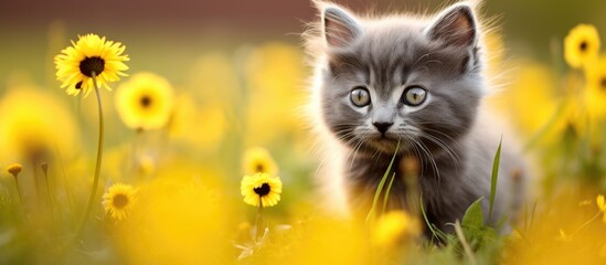 A cute gray kitten with fluffy fur walks and meows gracefully through a field of vibrant yellow dandelion flowers. Copyspace image - Powered by Adobe