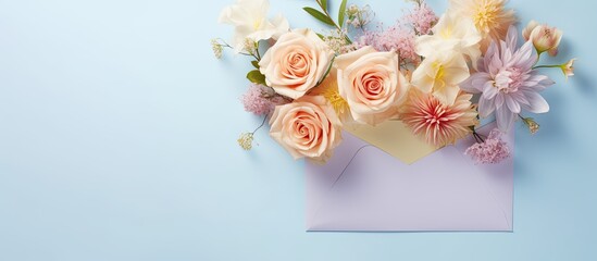 A pastel colored bouquet of flowers in an envelope serves as a greeting card template with ample space for text This versatile image is perfect for occasions like Mother s Day Valentine s Day birthda