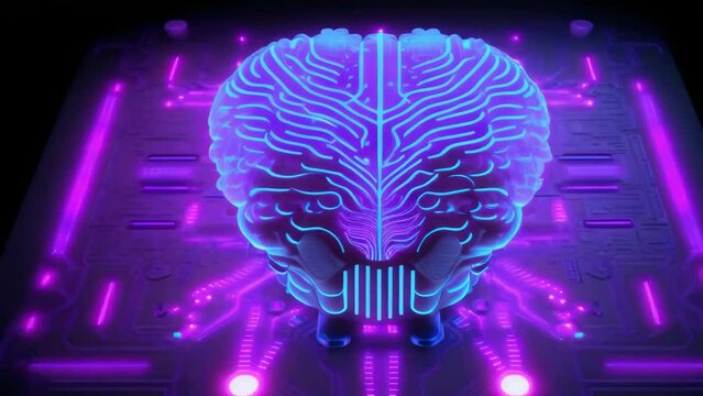 human cyber brain installed in a digital board as a concept of future of AI tech. Cyberpunk purple blue Neon light colors -4k new stock video footage animation AI
