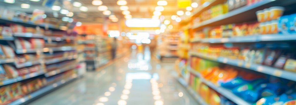 Supermarket aisle background. Supermarket interior. Blurred background