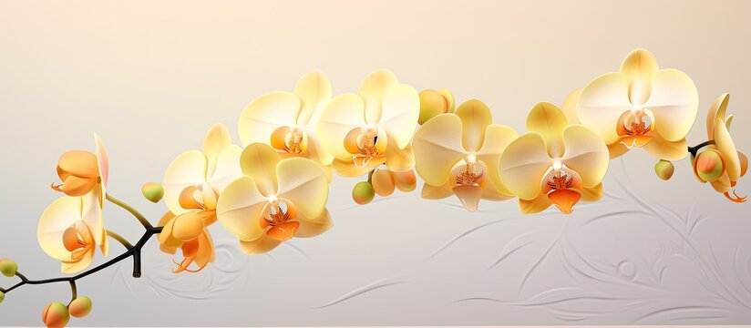 A Phalaenopsis Legato orchid in light yellow and orange colors is featured on a greeting card with ample copy space for personalized messages Perfect for home and garden flower enthusiasts