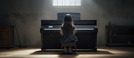 A young girl in elementary school is seen practicing the piano in an image that has empty space for other elements. Copyspace image