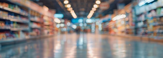 Supermarket aisle background. Supermarket interior. Blurred background