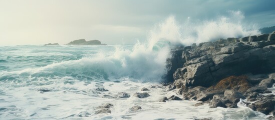 An image with ocean waves crashing against a rocky shoreline with copy space