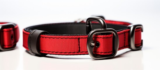 Copy space image featuring black and red dog collars on a white background suitable for various pet supplies