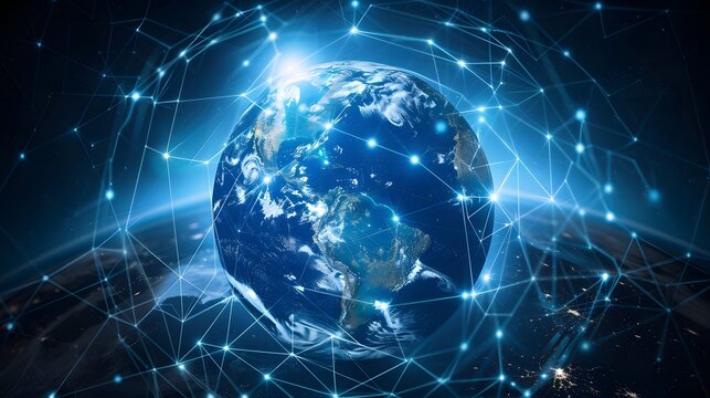 Digital world globe centered on America, symbolizing global network hubs, rapid data transfer, and cutting-edge cyber technology