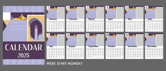 Abstract purple A4 calendar 2025 with geometric elements.Cover and 12 monthly pages.Week starts on Monday, A3 A2 A6 formats. Business calendar with free space for corporate graphics. Isolated on gray.