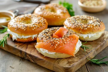 Fototapeta premium Close-up of various fresh delicious bagels. Beautiful simple AI generated image in 4K, unique.