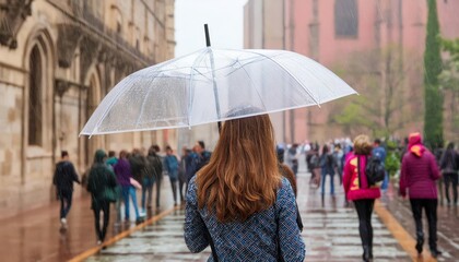 Generated image of woman holding umbrella in the rain in the crowd