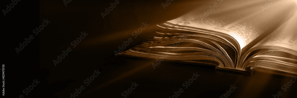 Wall mural Dark table with open bible