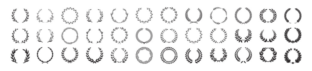 Circular laurel foliate vector icon set. Set of black silhouette circular laurel foliate, wheat and oak wreaths depicting an award