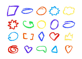 Set of hand drawn colored frames. Oil pastel effect. Vector abstract graphic elements isolated on white background