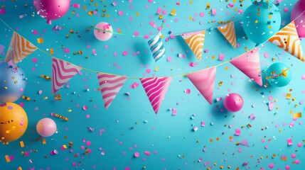 Fototapeta premium Vibrant invitation banner for a party, featuring a festive mood with colorful decorations and ample blank copy space for personalized text, perfect for any celebration or event announcement.