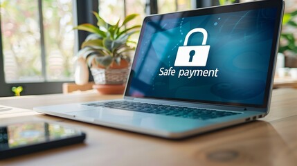 A secure online payment concept featuring a digital lock icon and a credit card, symbolizing safe and protected transactions over the internet.
