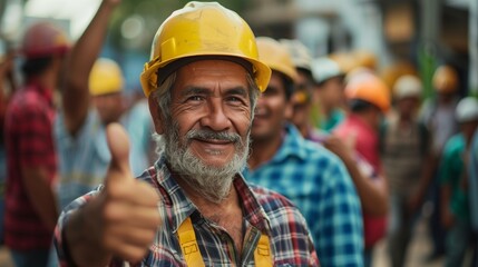 The skilled bricklayer, wearing a hard hat and safety vest, gave a confident thumbs up, showcasing his good and professional work in construction, symbolizing quality craftsmanship and dedication.