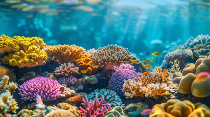 various hued corals populate the reef's surface and bottom, illuminated by sunlight filtering through the water