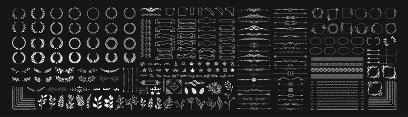 Set of design elements. Wreath, frames, calligraphic, swirls divider, laurel leaves, ornate, award, arrows. Vintage line decoration frames collection