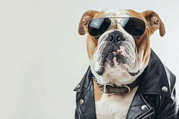 A dog wearing sunglasses and a leather jacket