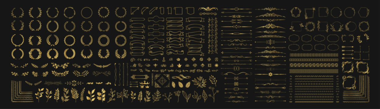 Set of gold design elements. Wreath, frames, calligraphic, swirls divider, laurel leaves, ornate, award, arrows. Vintage line decoration frames collection