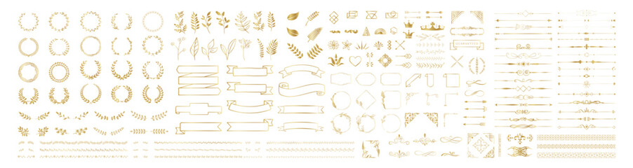 Set of gold design elements. Wreath, frames, calligraphic, swirls divider, laurel leaves, ornate, award, arrows. Vintage line decoration frames collection