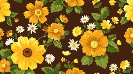  A pattern of yellow and white flowers against a brown background, accompanied by green leaves Another pattern features white, yellow, and white blooms set against a brown backdrop