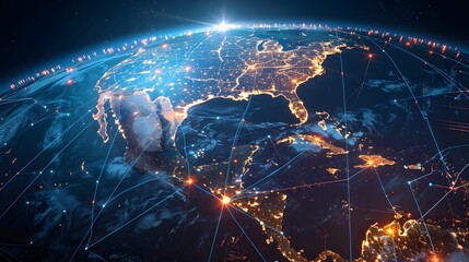 America-centric digital globe showcasing high-speed data transfer and cyber technology in a global network hub setting