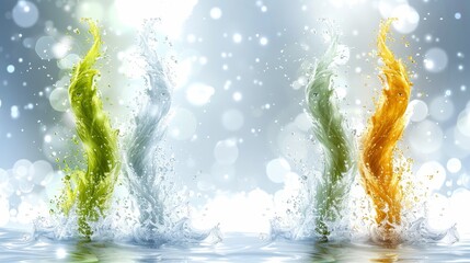  A trio of water splashes against a blue backdrop, featuring a lighter blue sky above White bubbles dot the surface, accompanied by hints of green and yellow hues