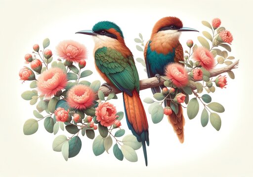 Illustration of two Rufous-tailed jacamars with flowers