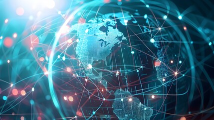 Obraz premium Visual representation of global connectivity with an America-centric digital world globe, highlighting international data transfer and cyber technology
