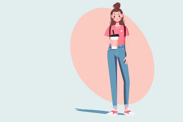 Beautiful girl bring a coffee or tea in hand with pink shirt and blue jeans vector illustration