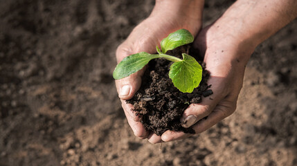 Male hands planting a cucumber seedling