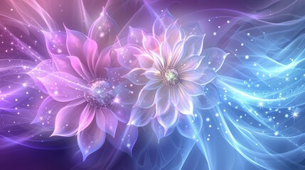 Obraz premium two flowers against a blue and pink backdrop The middle of each petal features stars and sparkles