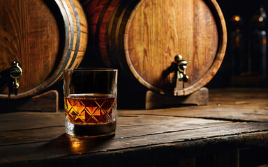 glass of whiskey on a background of wooden barrels with space for text