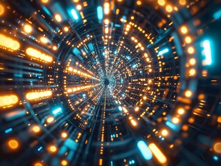 Abstract view of a futuristic tunnel with vibrant blue and orange lights, symbolizing technology and innovation.
