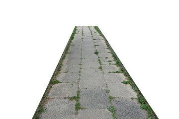 Old sidewalk made of concrete slabs overgrown with plants - on isolated transparent background, straight view.