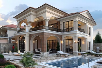 3D rendering of a luxury home with pool
