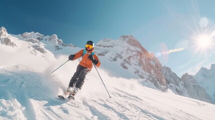 Man freeride skier running downhill on sunny Alps slope