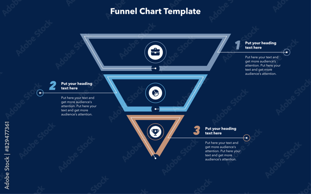 Leinwandbilder funnel chart template with 3 sections - dark version. creative diagram divided into three parts with