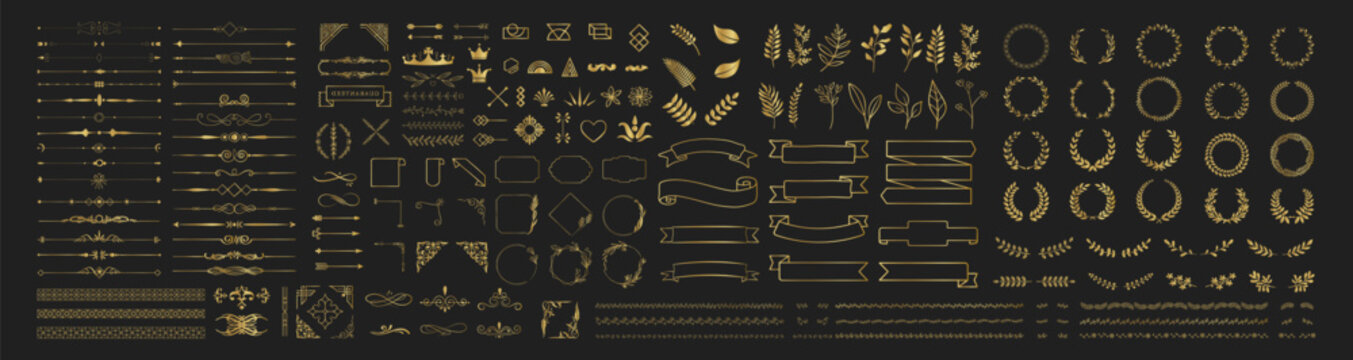 Set of gold design elements. Wreath, frames, calligraphic, swirls divider, laurel leaves, ornate, award, arrows. Vintage line decoration frames collection