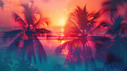 Silhouetted palm trees stand against a vibrant sunset over a tropical beach.