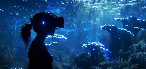 Silhouette of a woman wearing VR headset exploring a virtual underwater world.