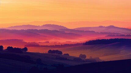 A scenic landscape with rolling hills and a vibrant sunset. The sky is ablaze with hues of orange, pink and purple, casting a warm glow over the scene.