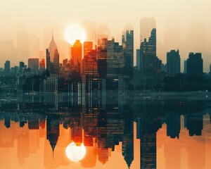 A stylized cityscape reflected in water at sunset, with a double sun in the sky.