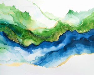 Abstract art with flowing blue and green shapes with hints of gold on white background.