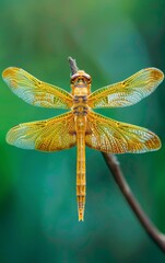Close-up image of a delicate dragonfly perched on the stem of a reed, next to a river
