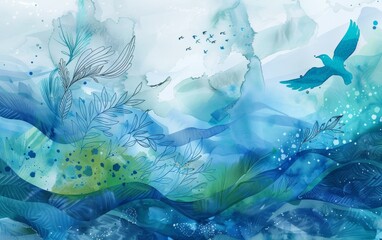 Abstract watercolor painting with blue and green hues featuring birds and flowing lines.
