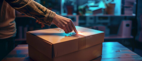 Close-up of a person's hand sealing a cardboard box in a dimly lit room, perfect for themes of shipping, delivery, packaging, and logistics.